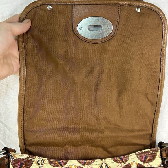 Rare Fossil Vintage Bird Print Canvas Messenger Turn Lock Bag Handle Crossbody - Picture 7 of 12